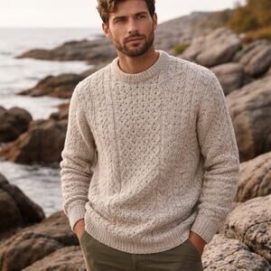 CONNEMARA KNITWEAR Men's SZ XL Irish Pure Wool Fisherman Sweater Oatmeal